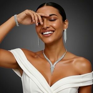 Dazzle in Elegant Silver Fashion Jewelry Set- Necklace Earrings and Bracelet